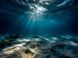 Capture wide angle view of sunbeams piercing deep blue ocean illuminating horizon with cinematic atmosphere