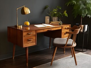 Organize your space with mid-century modern writing desk paired with brass lamp for timeless sophistication