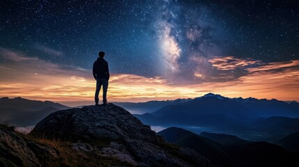 Mountain Peak View. Person Standing. Night Sky Scene. Stars Above. Beautiful Landscape. Dreamy Outdoor Image. Peaceful Night. Majestic Mountains. Great Outdoors. Scenic Vista.