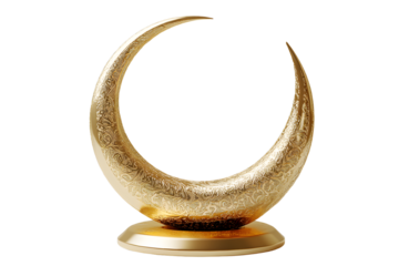 PNG A thick crescent moon intersecting a solid chrome star illustration metallic emblem.