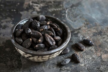 Obraz premium Close up of dried cocoa beans in a wooden bowl. Rustic food photography capturing natural textures. Macro photograph of black ingredient in wooden bowl on black table. Healthy food concept. AIG51.