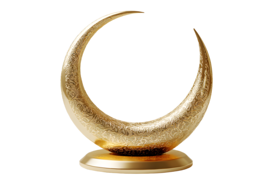 PNG A thick crescent moon intersecting a solid chrome star illustration metallic emblem.