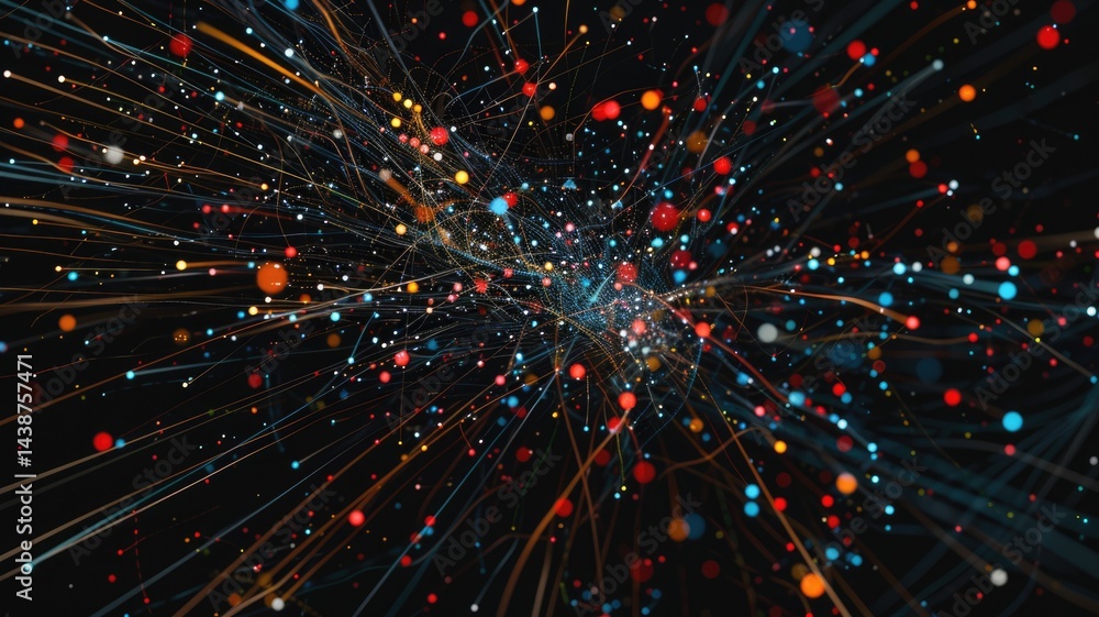 Poster abstract visualization of glowing dots and lines on a dark background. digital artwork of glowing vi