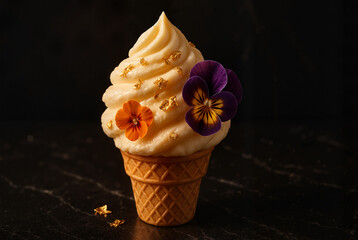 Gourmet ice cream with gold flakes and small edible flowers, orange and purple pansies, on a dark, reflective marble surface