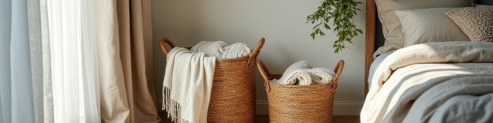 Cozy bedroom interior with woven baskets and soft textiles