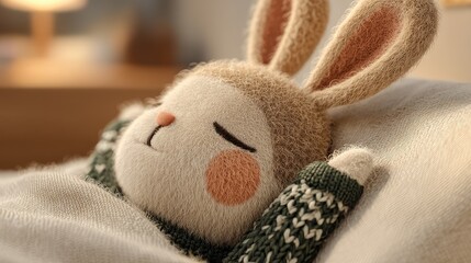 Sleepy rabbit in cozy bed