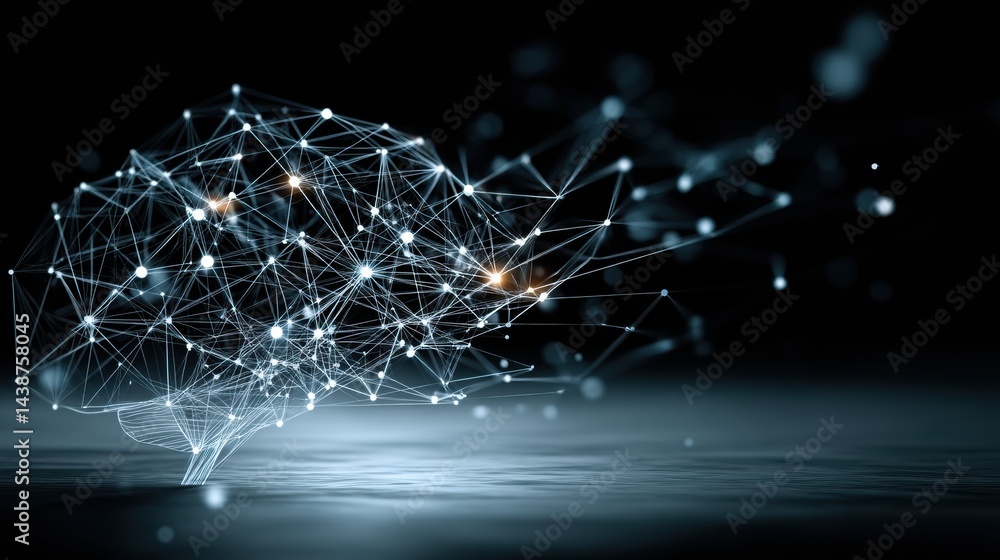 Aufkleber ai brain depicted with light nodes and glowing wires on a dark minimal background, embodying the con