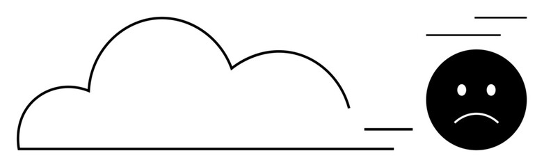 Black frowning face with motion lines near outlined cloud conveys sadness, despair, or negative emotions. Ideal for mental health, depression, loneliness, stress, anxiety, introspection flat simple