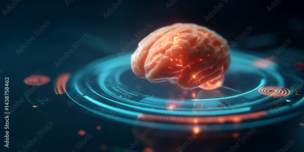 Poster digital rendering of human brain, glowing orange, on futuristic blue interface, symbolizes intellige