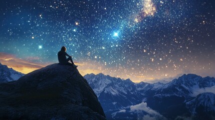 Person sits on rock. Starry night sky above mountains. Stars light up space. Person looks at the universe. Mountain range and night sky scene.
