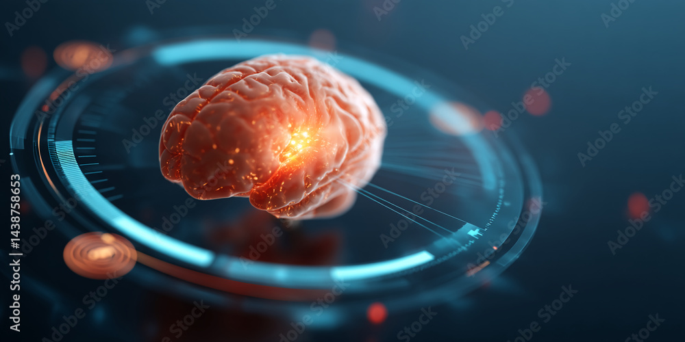Poster 3D render of human brain on technological interface, showcasing intelligence, neural network, and AI concept