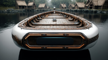 Obraz premium Futuristic Viking-Inspired Pod Boat on Tranquil Nordic Lake with Traditional Village