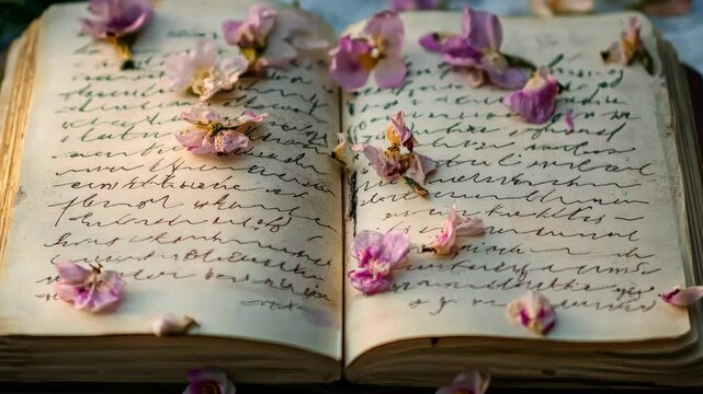 Blossoms enhance open journal pages with handwritten text under natural light