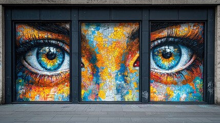 Colorful art eyes. Abstract face on wall. Blue eyes look forward. Big eyes painting. Open look on street. Urban art eyes.