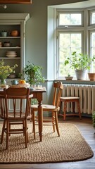 Cozy rustic dining room with wooden furniture and indoor plants by a sunlit window