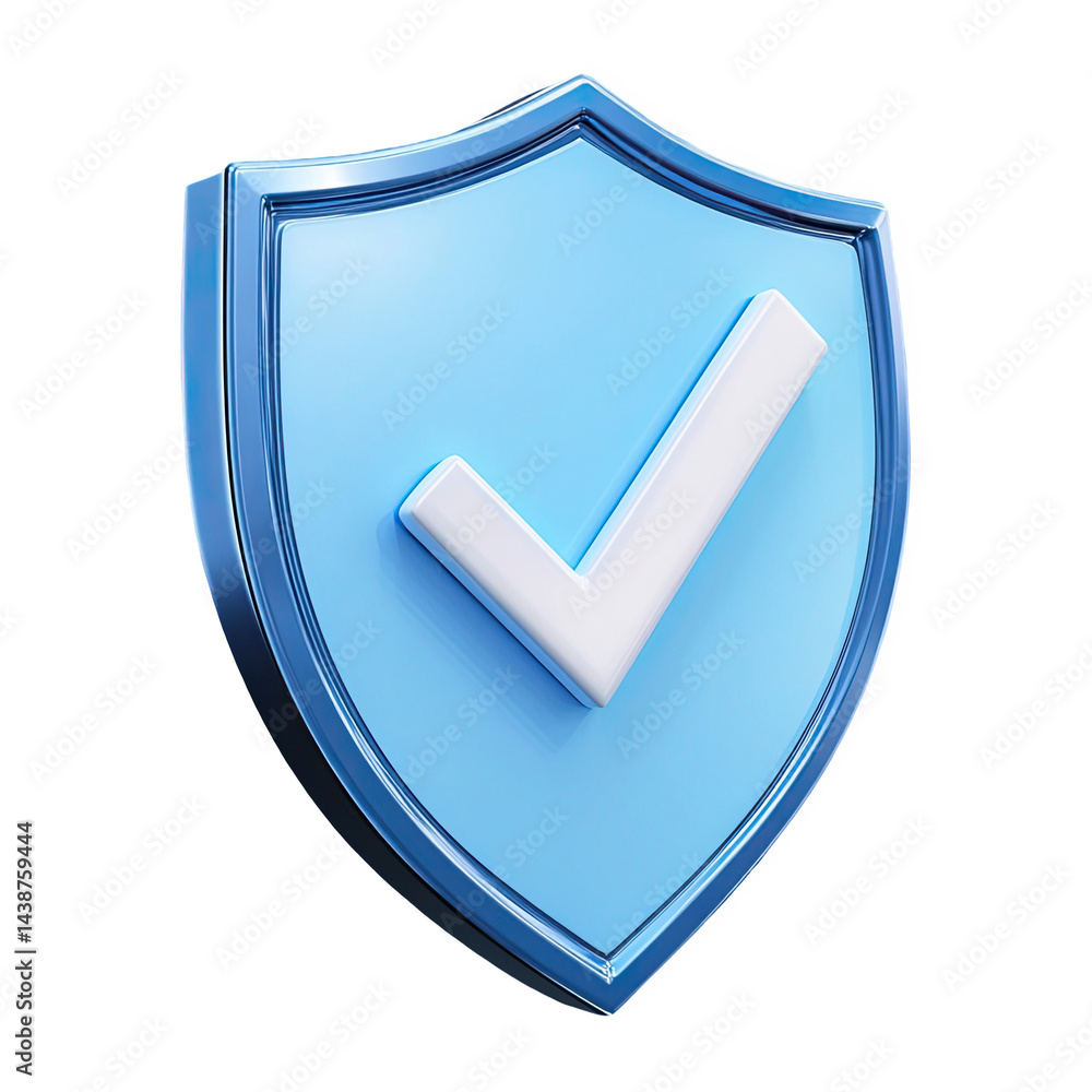 Poster 3d render blue glossy shield icon with white checkmark approved security on transparent background