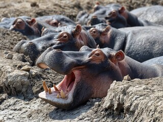 A group of hippos relaxes in a muddy riverbank as the warm afternoon sun highlights their massive bodies. One hippo yawns widely, showing its large teeth, reflecting the vibrant wildlife.