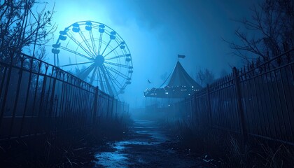 Night scene of an abandoned amusement park with a Ferris wheel, a carousel, and a pathway. Pixel art style, dark blue tones, mysterious atmosphere.