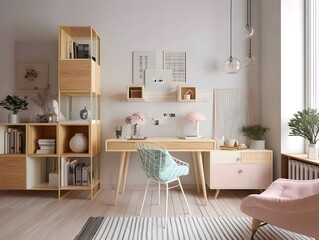 Design Functional Scandinavian Modern Home Office Featuring Light Wood Accents, Clean Lines, and Cozy Textiles
