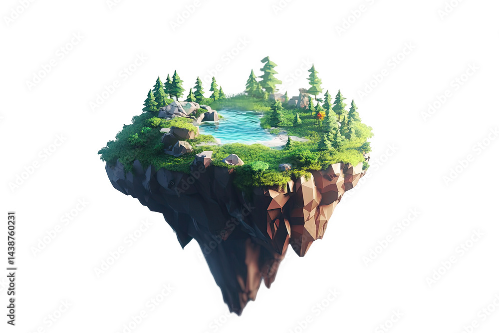 Poster stunning low poly floating island scene with lake and green trees 3d art on transparent background
