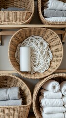 Organized storage baskets with towels and rope in cozy home setting