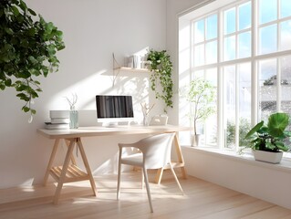 Boost efficiency in bright sunlit home office with white desk laptop station featuring decor accents