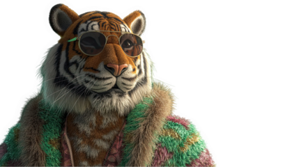 Stylish tiger in sunglasses wearing a colorful fur coat 3d art cool pink on transparent background