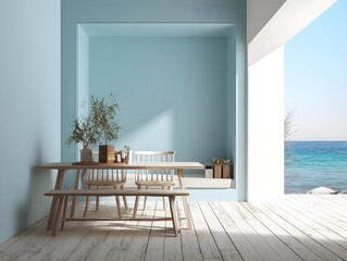 Create Interiors with Highly Detailed Coastal Blue Dining Area Background for Elegant Home Décor Inspiration