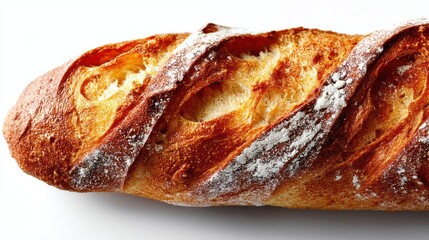 a fresh, golden-brown baguette with a crispy crust and soft interior on a white isolated background, classic and inviting design