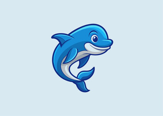 Fototapeta premium Smiling Blue Dolphin: A cheerful blue dolphin leaps with joy and excitement, its white belly and cute smile radiating positivity, against a soft blue backdrop.