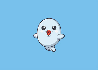Obraz premium Friendly Phantom's Flight: An adorable and cartoonish ghost soars against a plain backdrop. Its cute expression adds a touch of playful innocence.