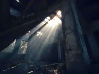 Obraz premium Capture Dramatic Sunlight Rays Piercing Skeletal Building Frameworks Highlighting Architectural Decay Through Atmospheric Photography Techniques