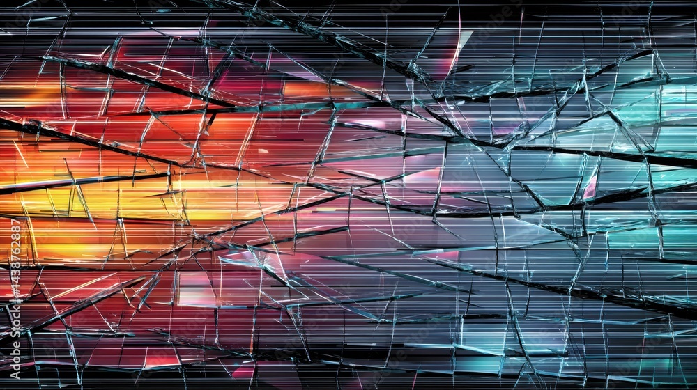 Aufkleber stylized screen featuring broken glass and glitch effects as a metaphor for technological disruption