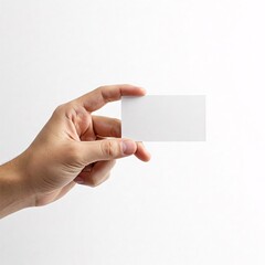 Man's hand holding a blank white business card on a white background. Business contact,