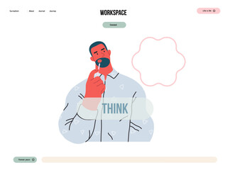 Thinking people, modern flat vector concept illustration- man standing thoughtfully, looking upwards, bubble near his head Metaphor for reflection, analysis, introspection, contemplation, deep thought