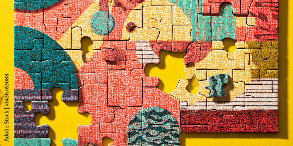 Poster Abstract jigsaw puzzle pieces, multicolored textured surface, some pieces missing, creating a sense of incompleteness or a challenge to be solved