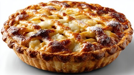 a fresh, golden-brown apple pie with a flaky crust and sweet filling on a white isolated background, warm and comforting design