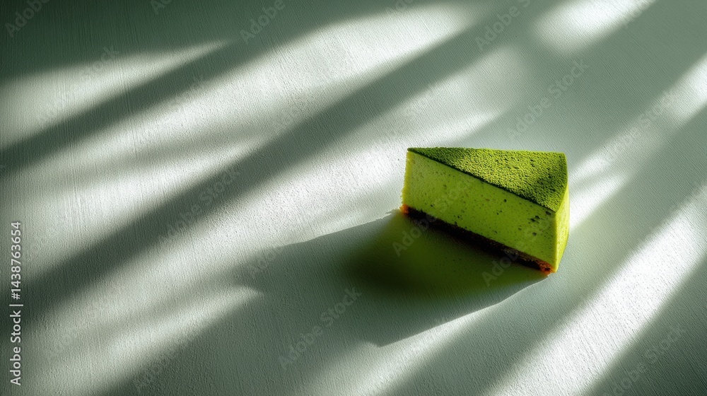Poster Minimalist Matcha Cake Slice Highlighted by Intriguing Shadow Patterns in Soft Light