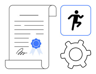 Award certificate with ribbon, athlete icon symbolizing achievement, and gear for process or development. Ideal for education, certification, skill building, progress, accomplishments, growth