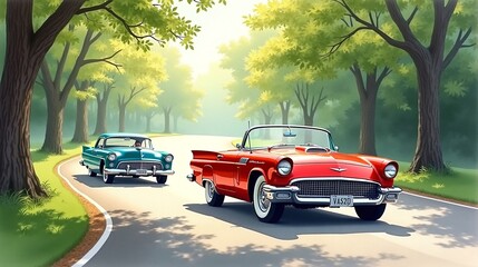 Fototapeta premium Roadside Charm: Retro Cars in a Natural Oasis