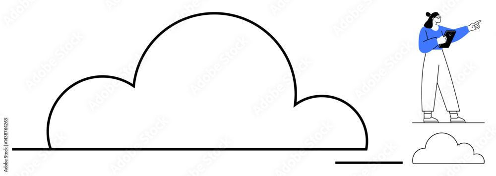 Poster large cloud and smaller version with woman pointing while holding a tablet. ideal for cloud computin