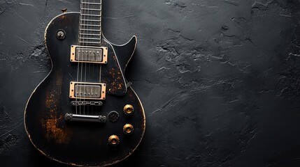 Vintage electric guitar on a black background, capturing musical style.