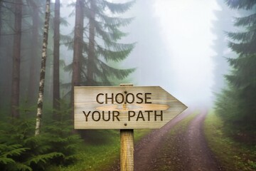 Choose Your Path Sign in Misty Forest Scene

