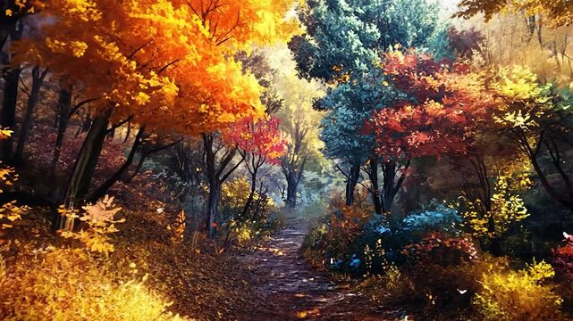 autumn trees reflecting sunlight under the sky with fallen leaves on a grunge nature background