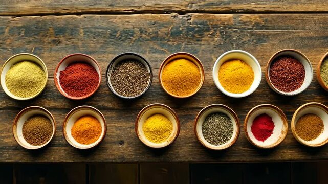 Vibrant array of spices in rustic bowls on wooden table