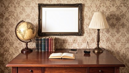 Antique wooden desk with globe, books, lamp, and blank frame against floral wallpaper.