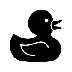 Black silhouette of a rubber duck icon on a white background.