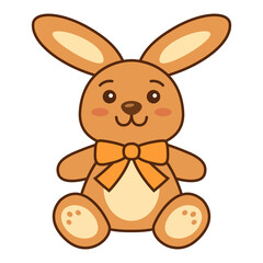 Cute cartoon bunny plush toy with an bow. Happy rabbit. Vector