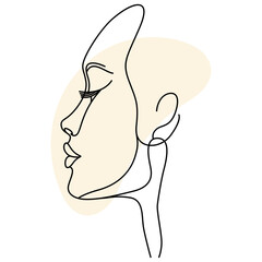 Minimalist one line drawing of a woman's face profile with a beige shape.