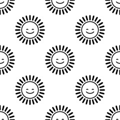 Seamless black and white pattern of cute, cartoon suns with happy faces, isolated on white background.